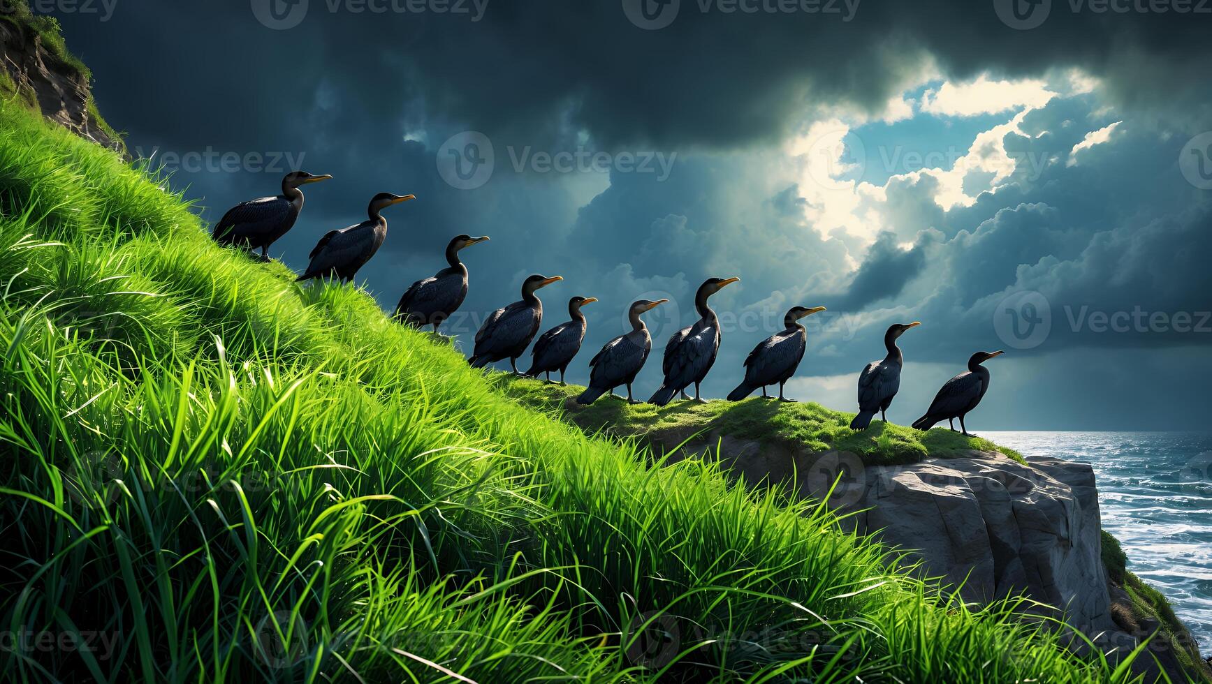 Birds Standing on Coastal Cliff Edge Overlooking the Ocean Horizon photo