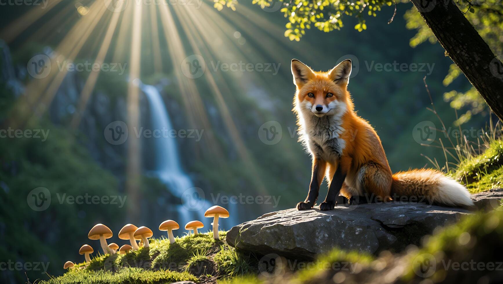 Fox Sitting on Rock with Waterfall and Sunbeams in Background photo