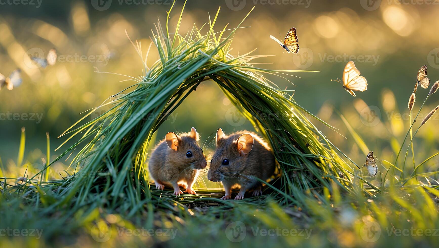 Two Field Mice Under Grass Shelter with Butterflies in Meadow photo