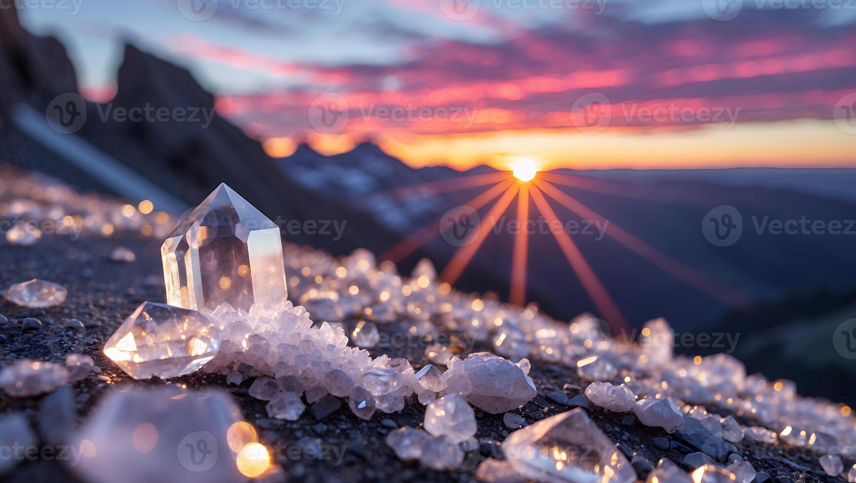 Crystals Gleaming on Mountain Top at Sunset with Warm Glowing Light photo