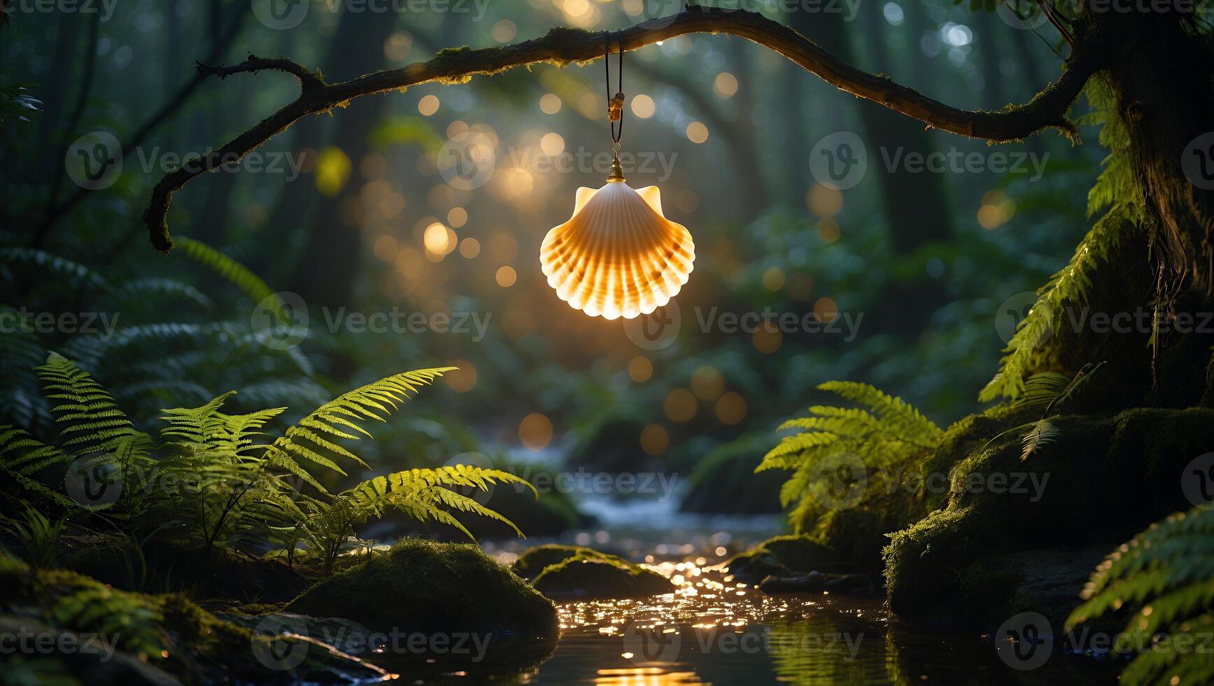 Glowing Seashell Hanging Above Forest Stream with Ferns and Moss photo
