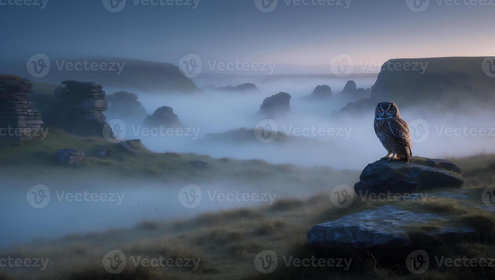 Owl Perched on Rock in Misty Landscape at Dusk photo