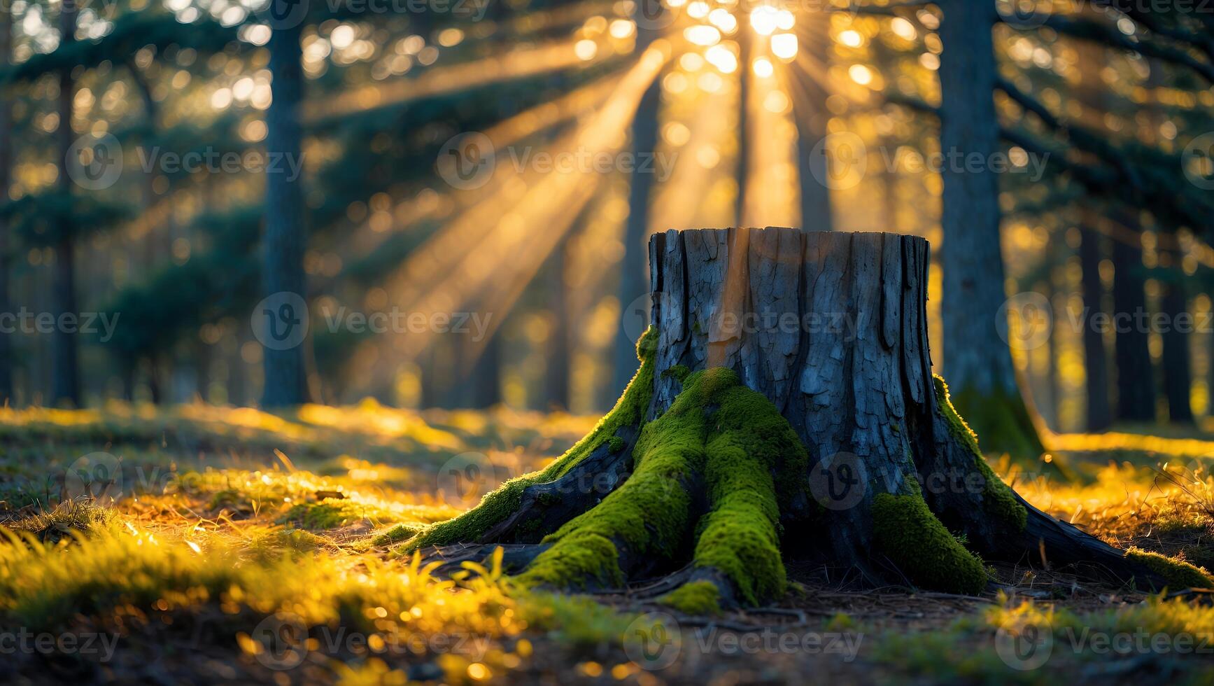 Mossy Tree Stump in Forest at Sunset with Golden Light Rays photo