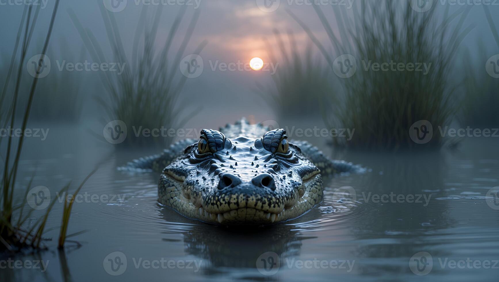 Alligator Emerging in Misty Swamp at Dusk with Glowing Sunlight photo