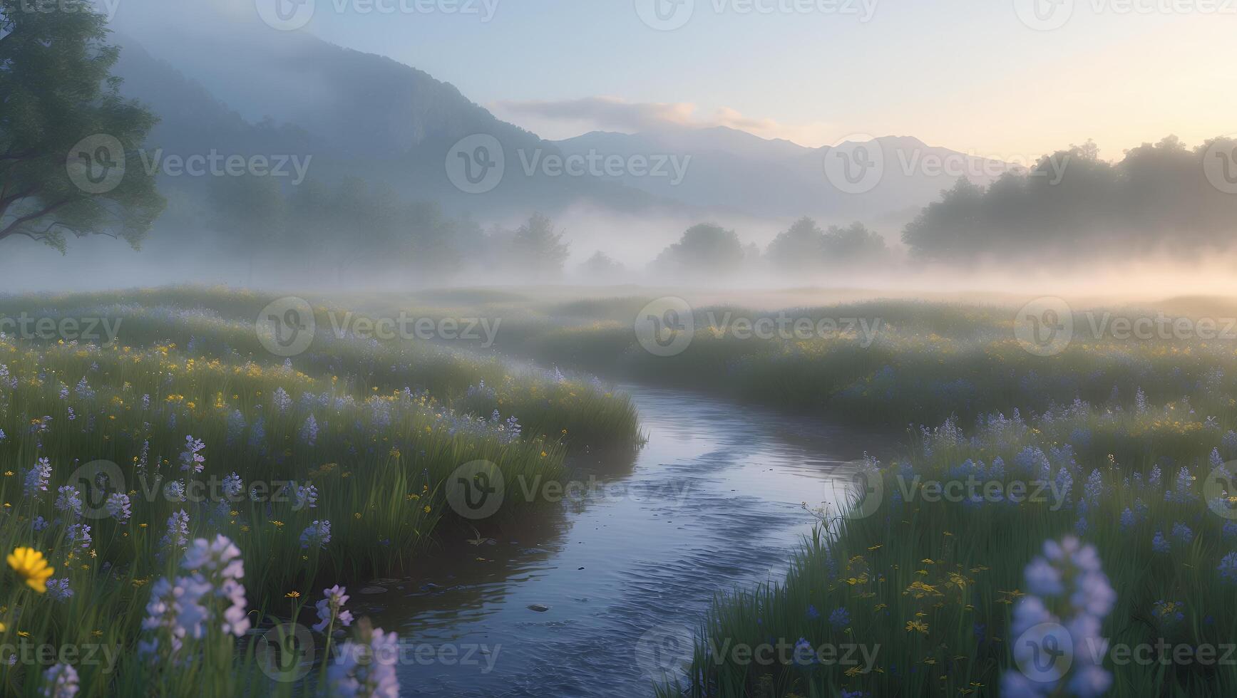 Stream Flowing Through Misty Meadow with Wildflowers and Distant Mountains photo