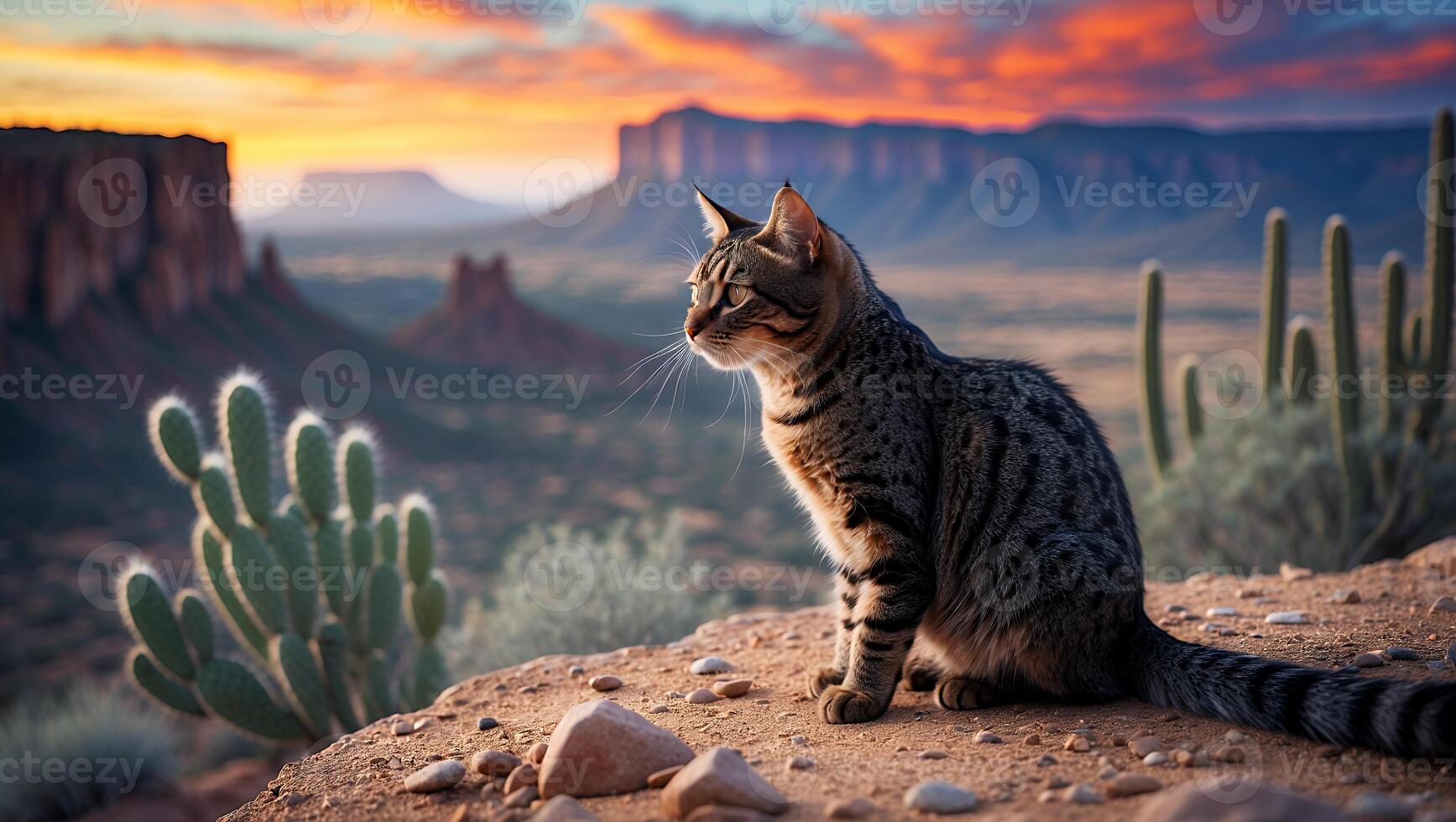 Cat Sitting on Desert Hillside Overlooking Canyon at Sunset photo