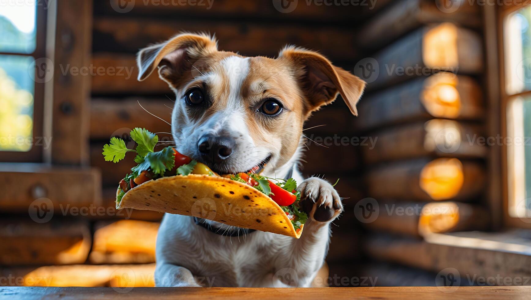 Dog Enjoying a Taco Inside Wooden Cabin with Natural Light photo