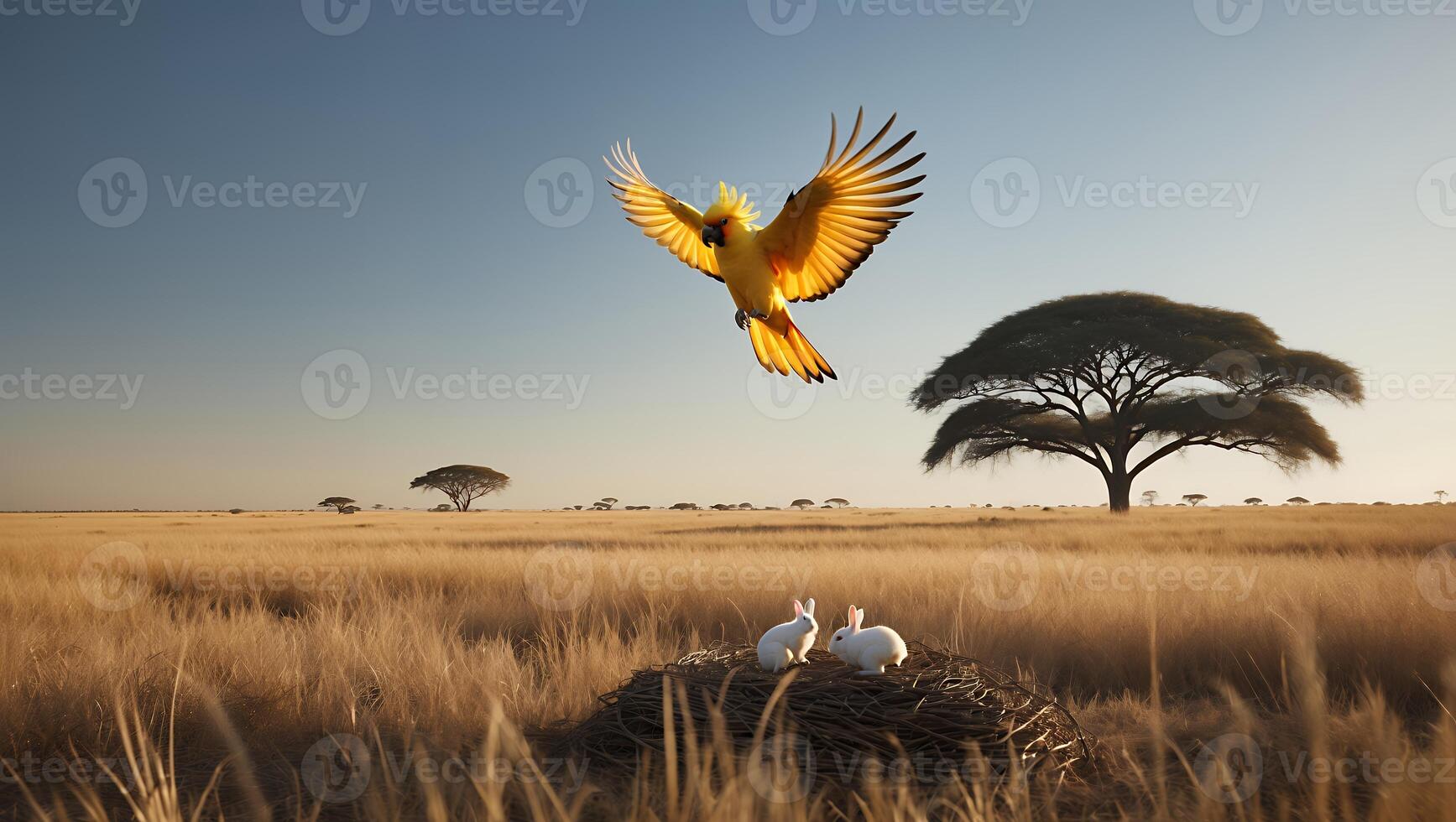 Cockatoo Flying Over Savanna with Rabbits on Nest at Dusk photo