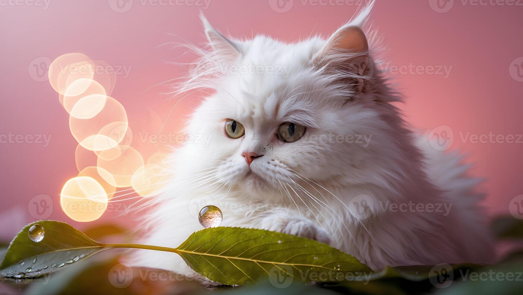 White Cat Resting Among Leaves with Dew Drops and Bokeh Lights photo
