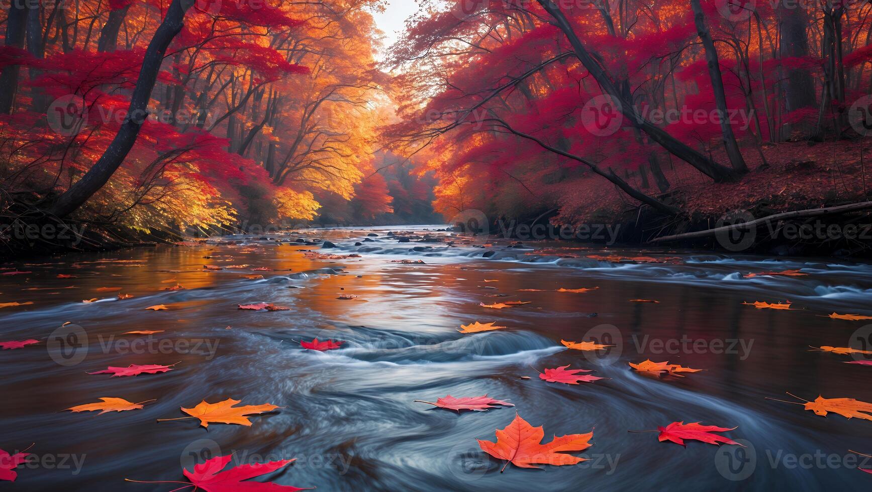 River Flowing Through Autumn Forest with Colorful Leaves and Reflections photo
