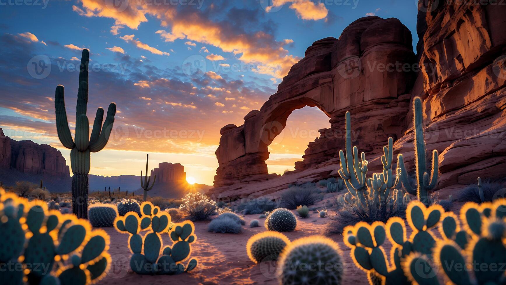 Exploring Desert Landscape with Cacti and Rock Arch at Sunset photo