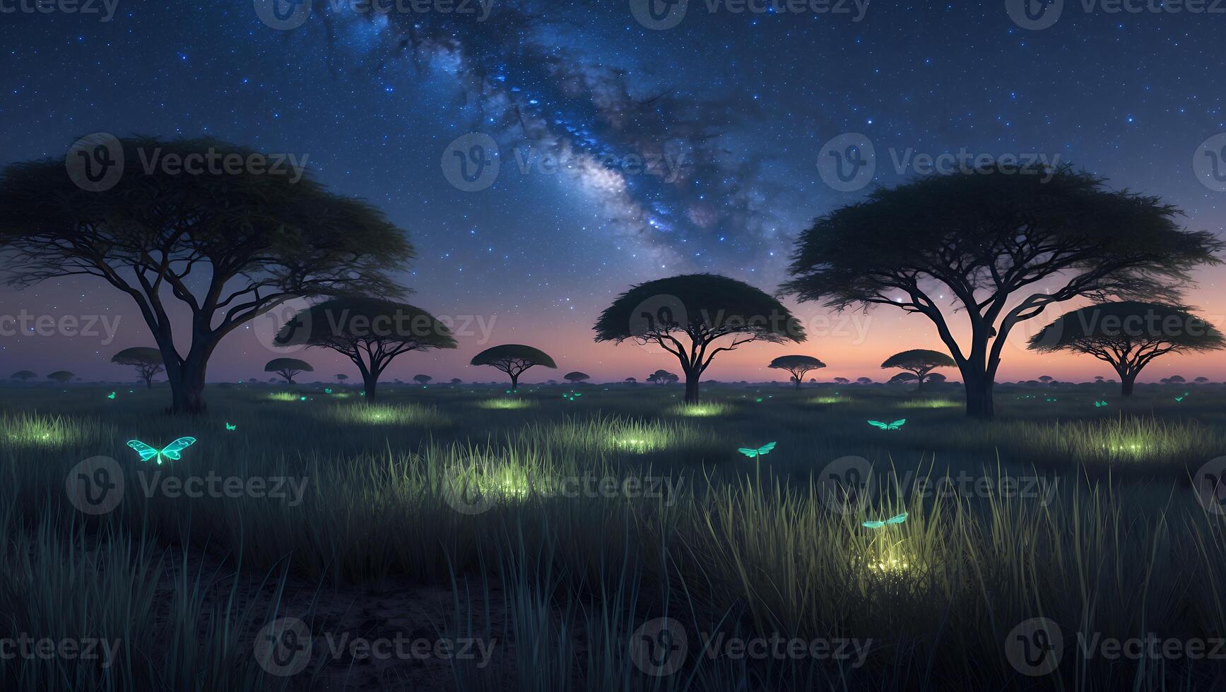 Tranquil Grassy Field with Trees Under a Starry Night Sky photo