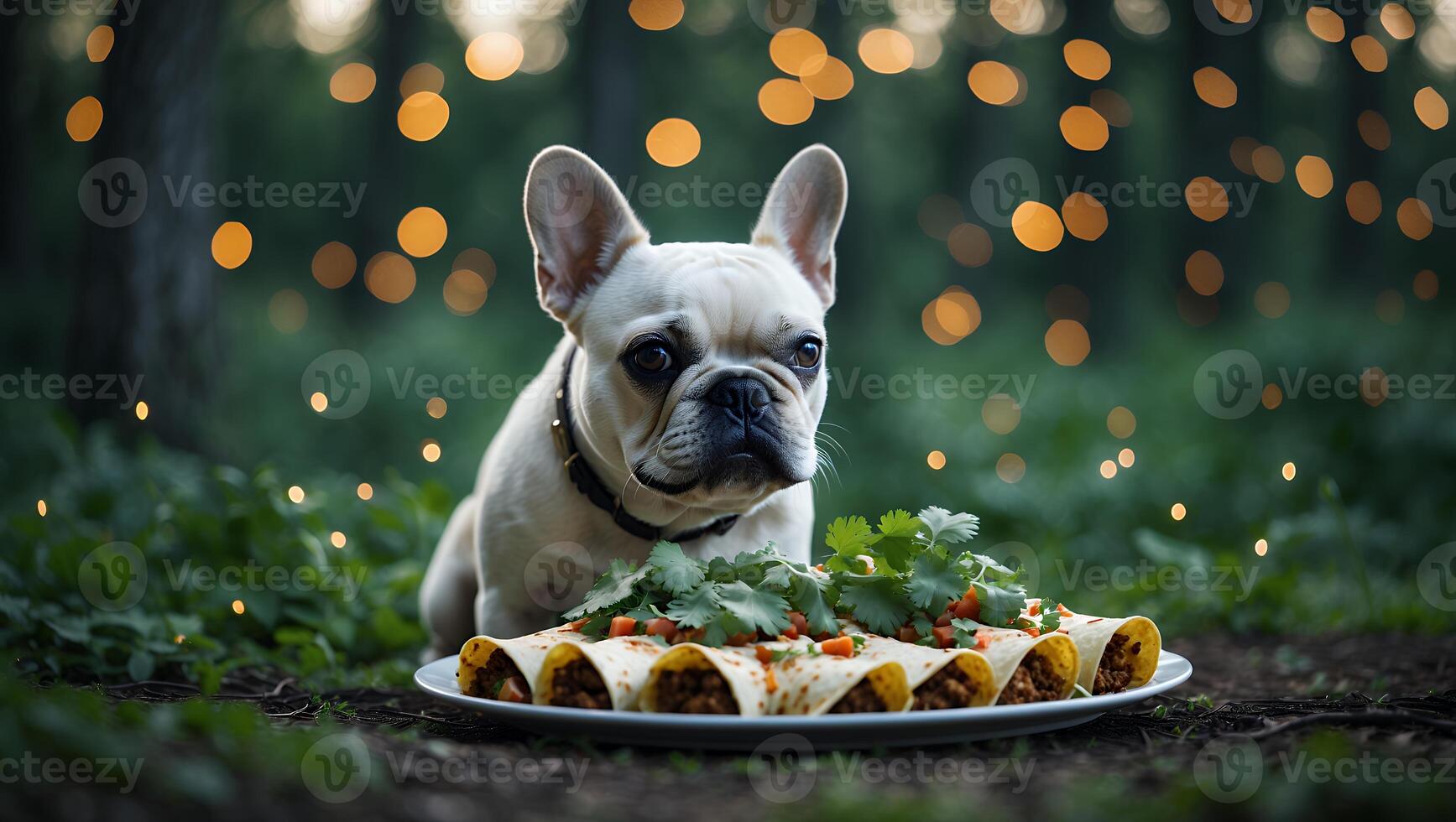Dog Sitting Near Enchiladas on Plate in Magical Forest Setting photo