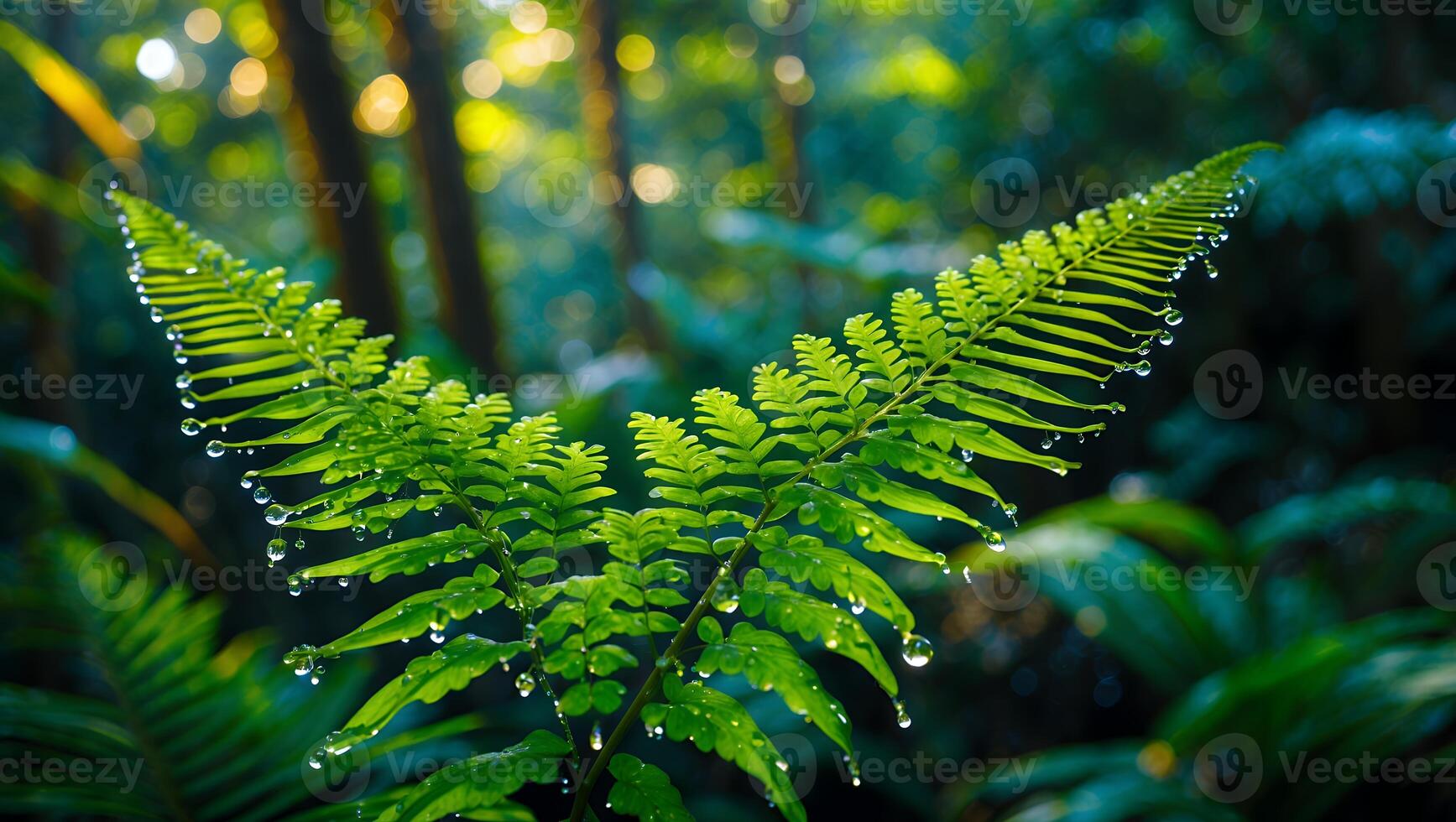Fern Frond with Water Droplets in a Lush Green Forest Setting photo