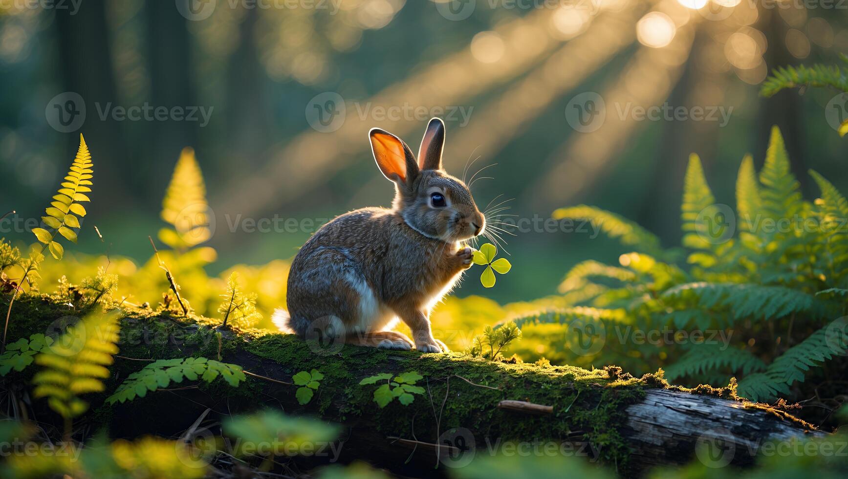 Rabbit Eating Clover in Forest with Sunlight Streaming Through Trees photo