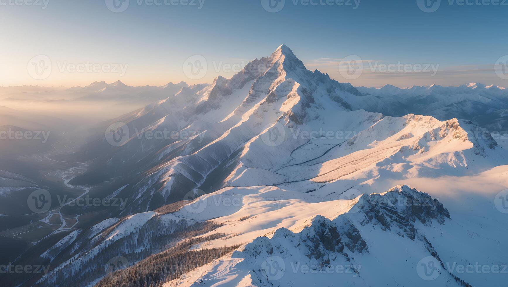 Snow Covered Mountain Peak at Golden Hour with Winter Landscape photo