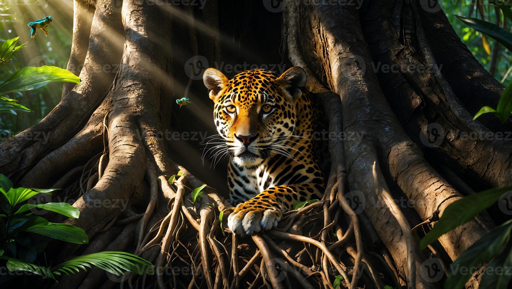 Jaguar Resting Inside Tree Roots with Sun Rays in Jungle photo