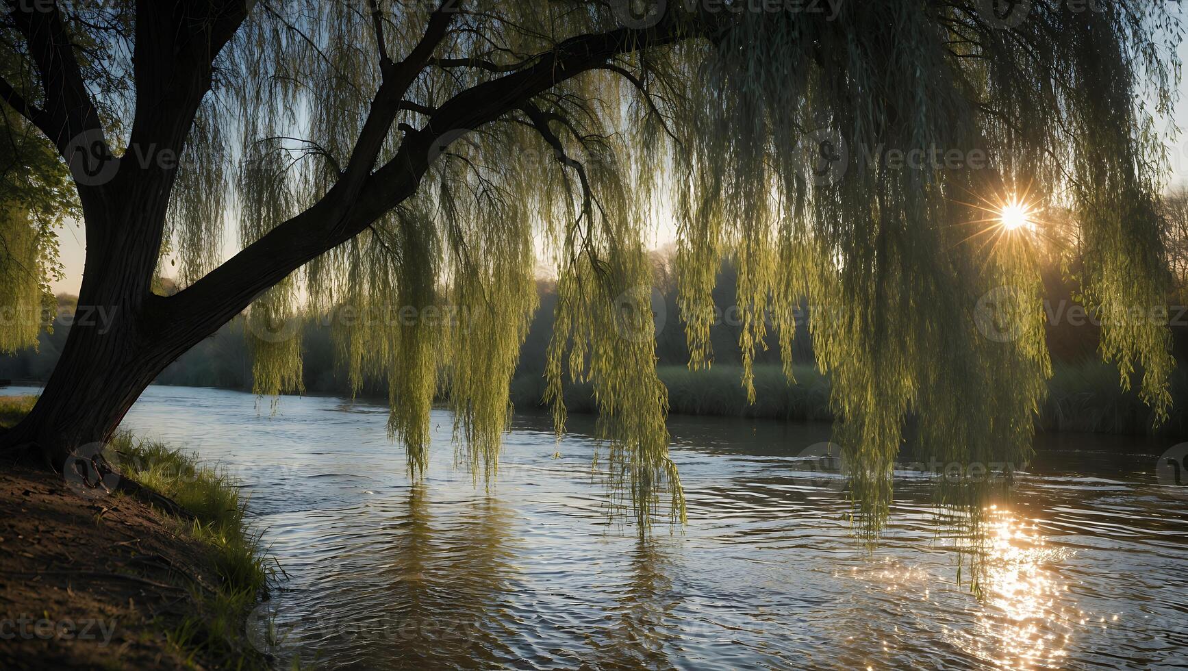 Weeping Willow Overhanging River at Sunset with Glimmering Water Reflection photo