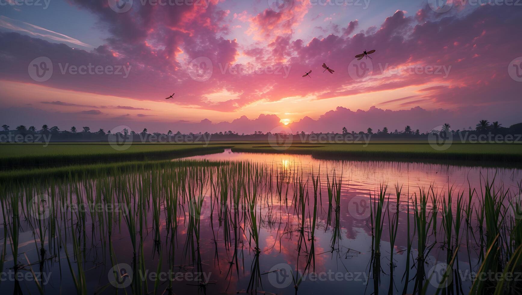 Paddy Field at Sunset Reflecting Clouds and Sky with Dragonflies photo