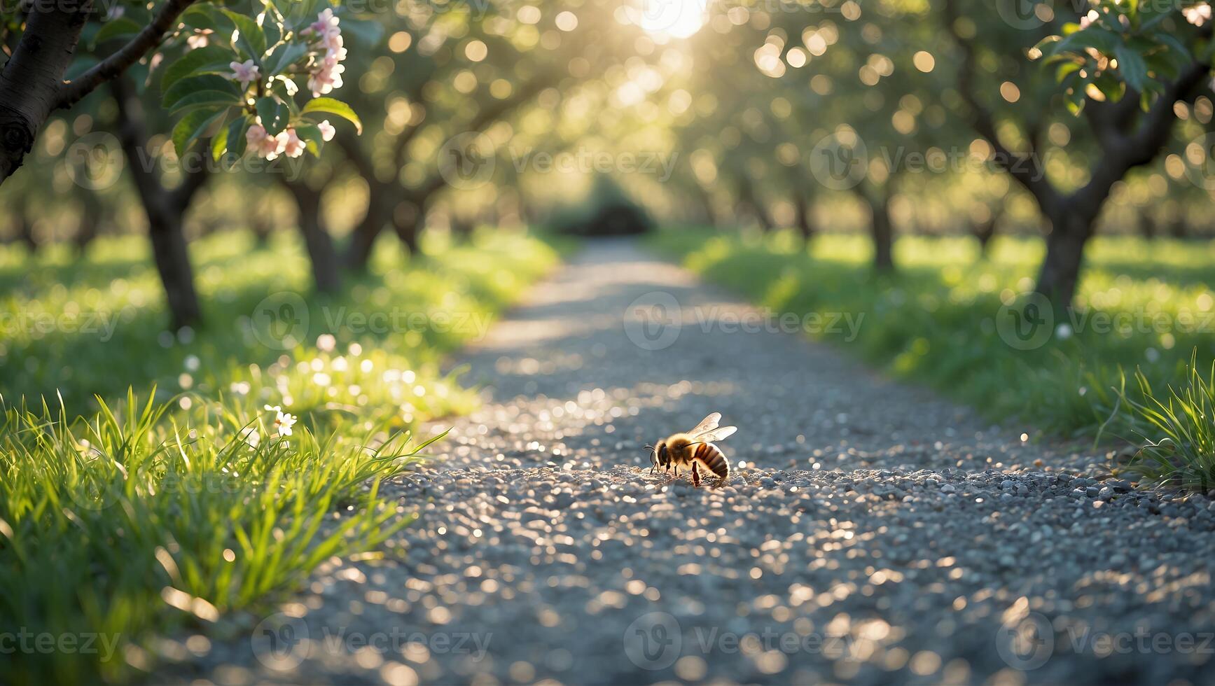 Bee Pollinating in Orchard at Sunset with Sunlight on Path photo