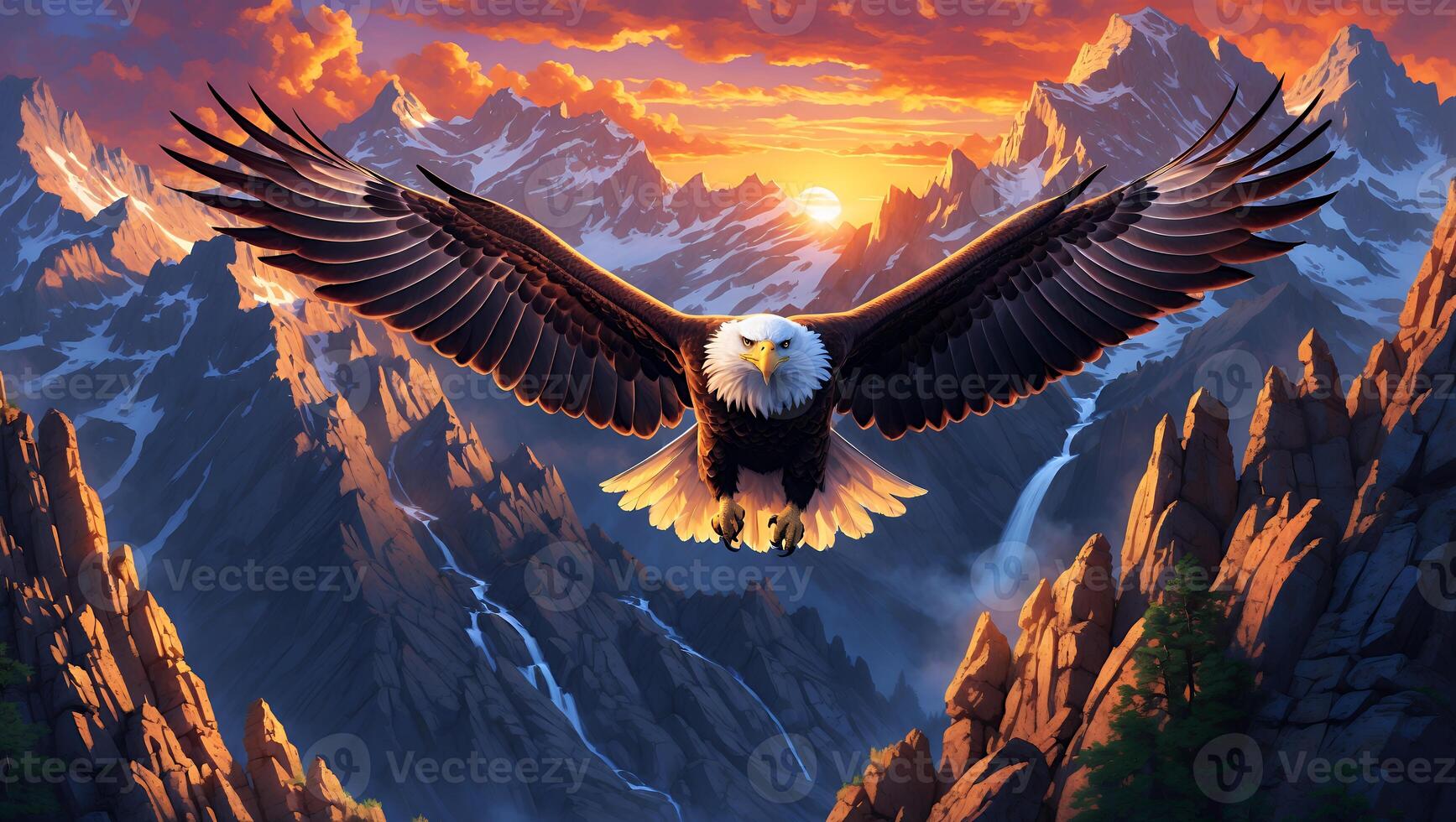 Eagle Soaring Through Mountain Landscape at Sunset with Flowing Waterfalls photo