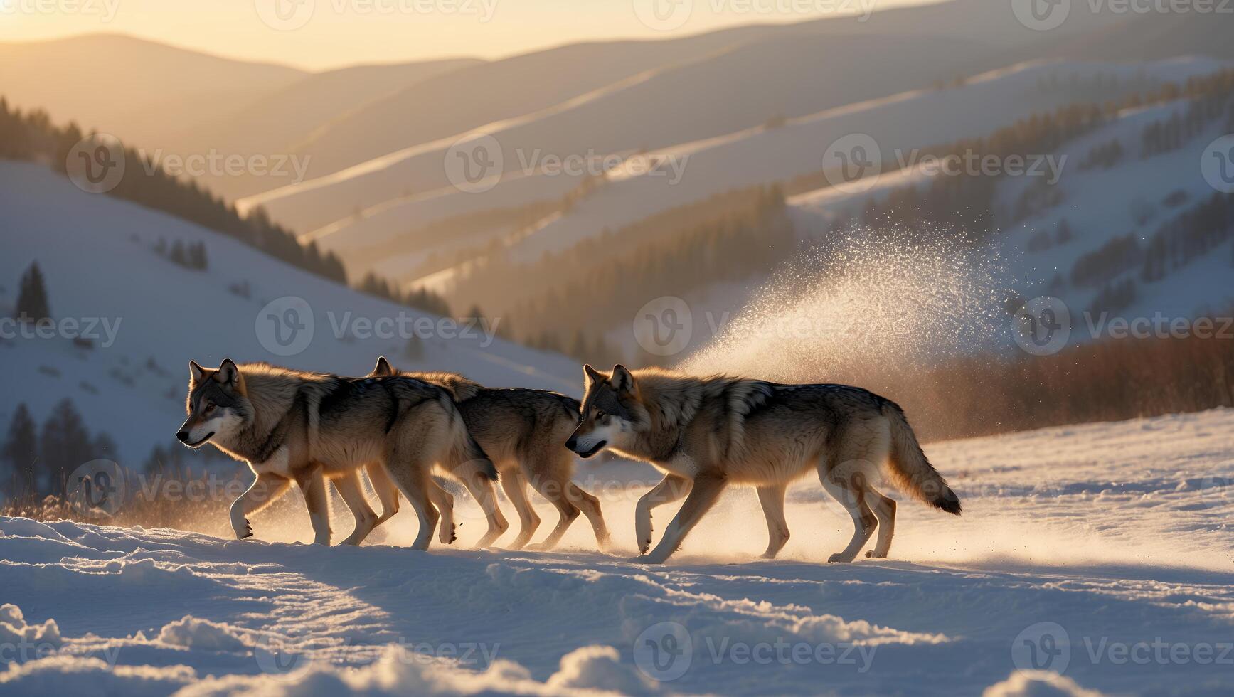 Wolves Walking in Winter Landscape with Snowy Mountains at Sunrise photo