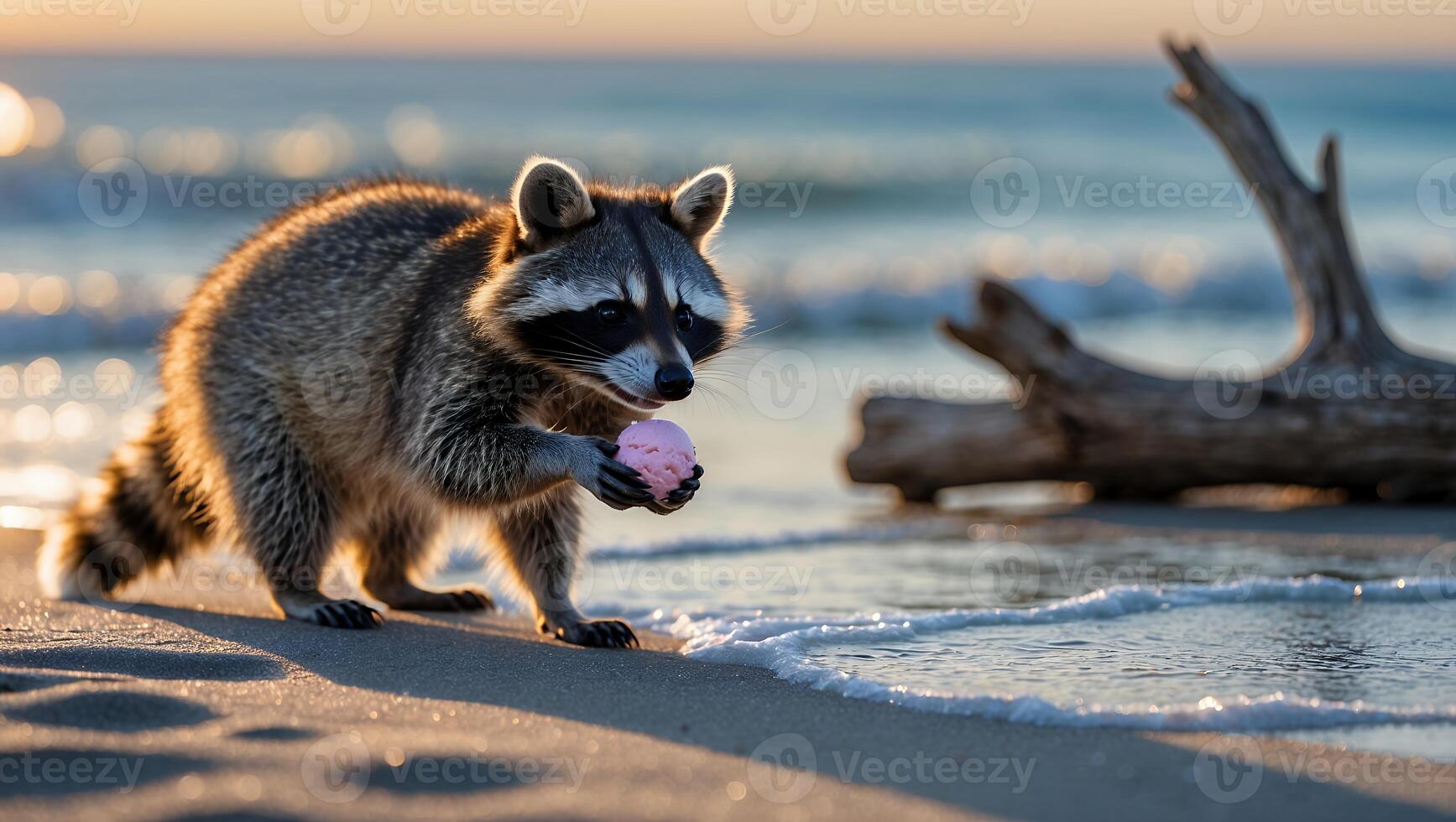 Raccoon Enjoying Pink Treat at Beach During Golden Hour Sunlight photo