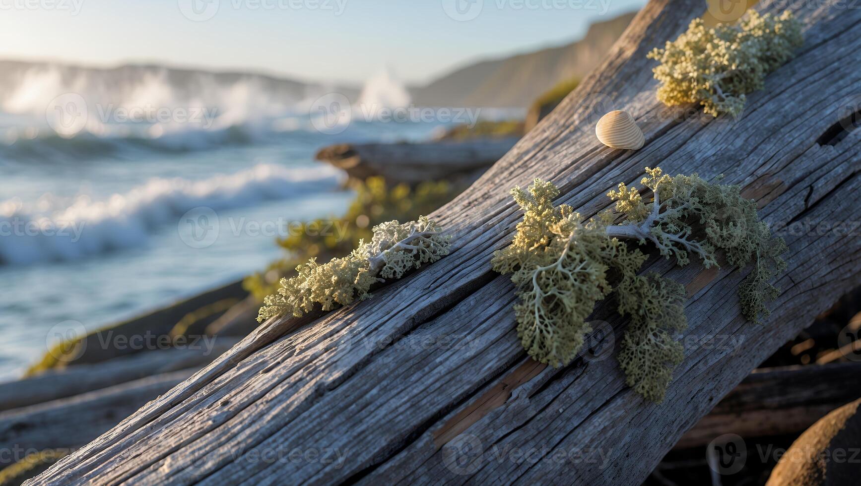 Driftwood with Lichen and Seashell on the Beach at Sunset photo