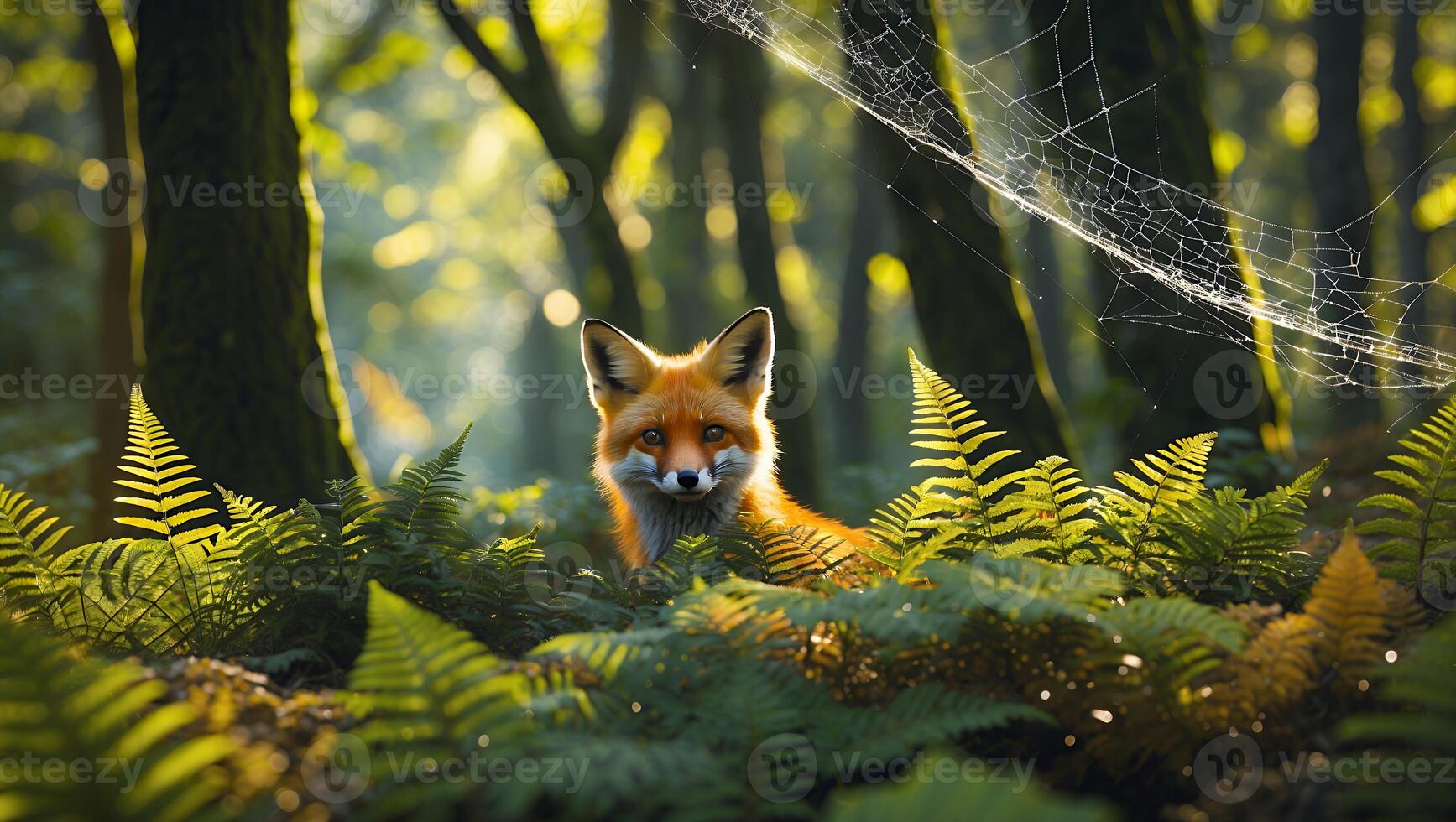 Fox Peering From Ferns in a Sunlit Woodland Scene photo