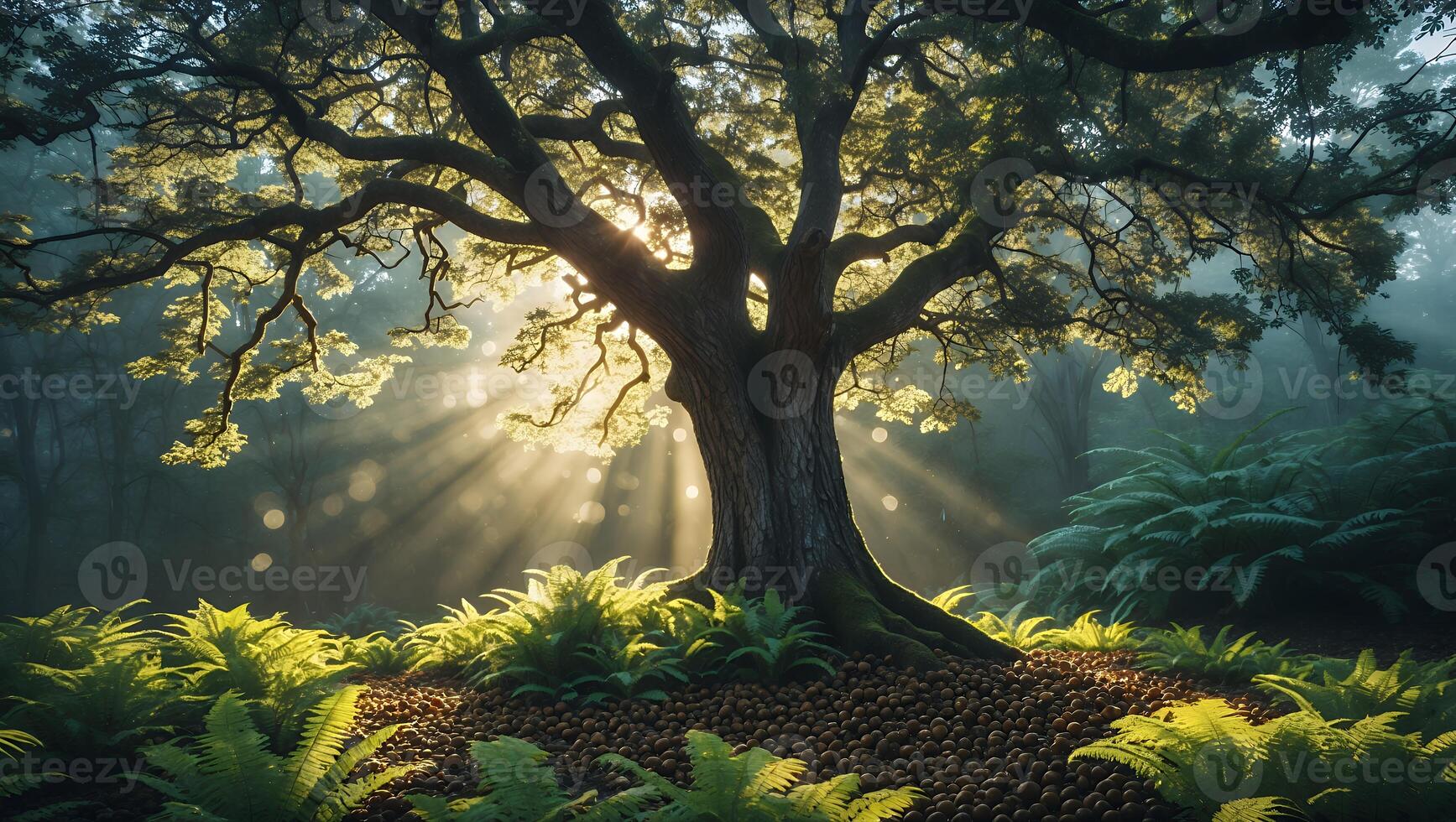 Majestic Tree Radiating Sunlight in Forest with Ferns and Mystical Atmosphere photo