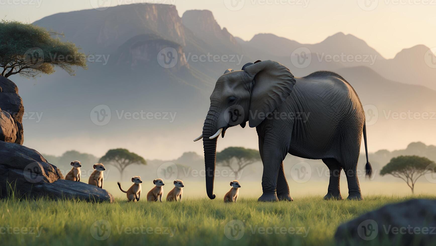 Elephant Walking on Grassland with Meerkats and Mountain Backdrop photo