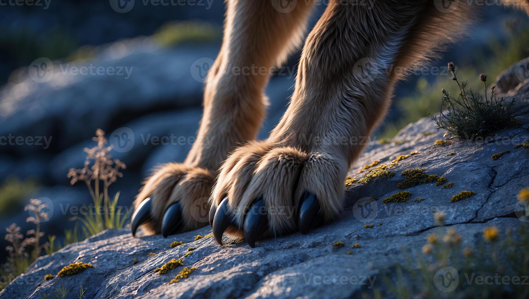 Dog Paws Resting on Rock Surface with Moss and Plant Details photo