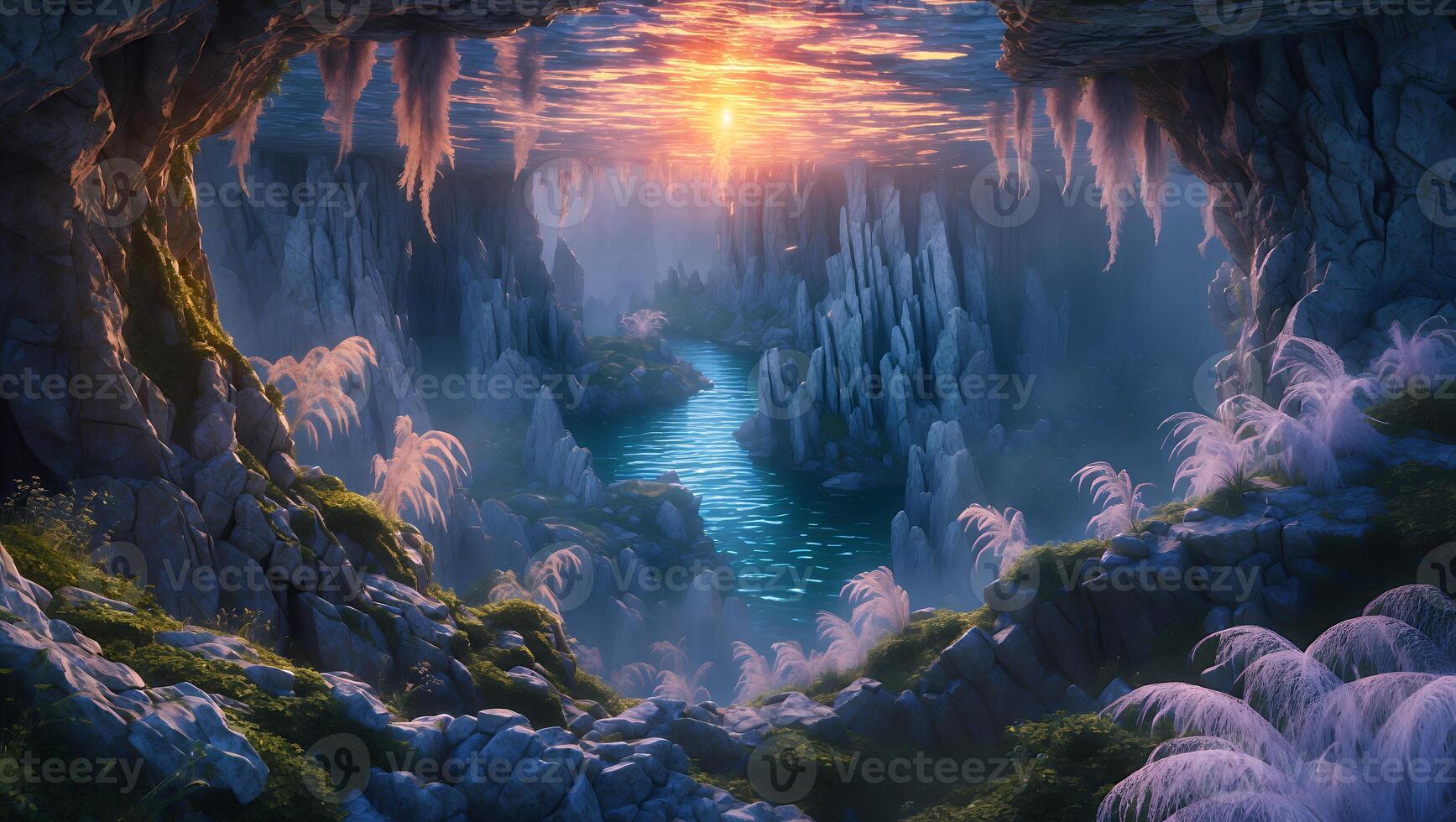 Cave Landscape with Stream and Sun Reflection Creating a Serene Ambiance photo