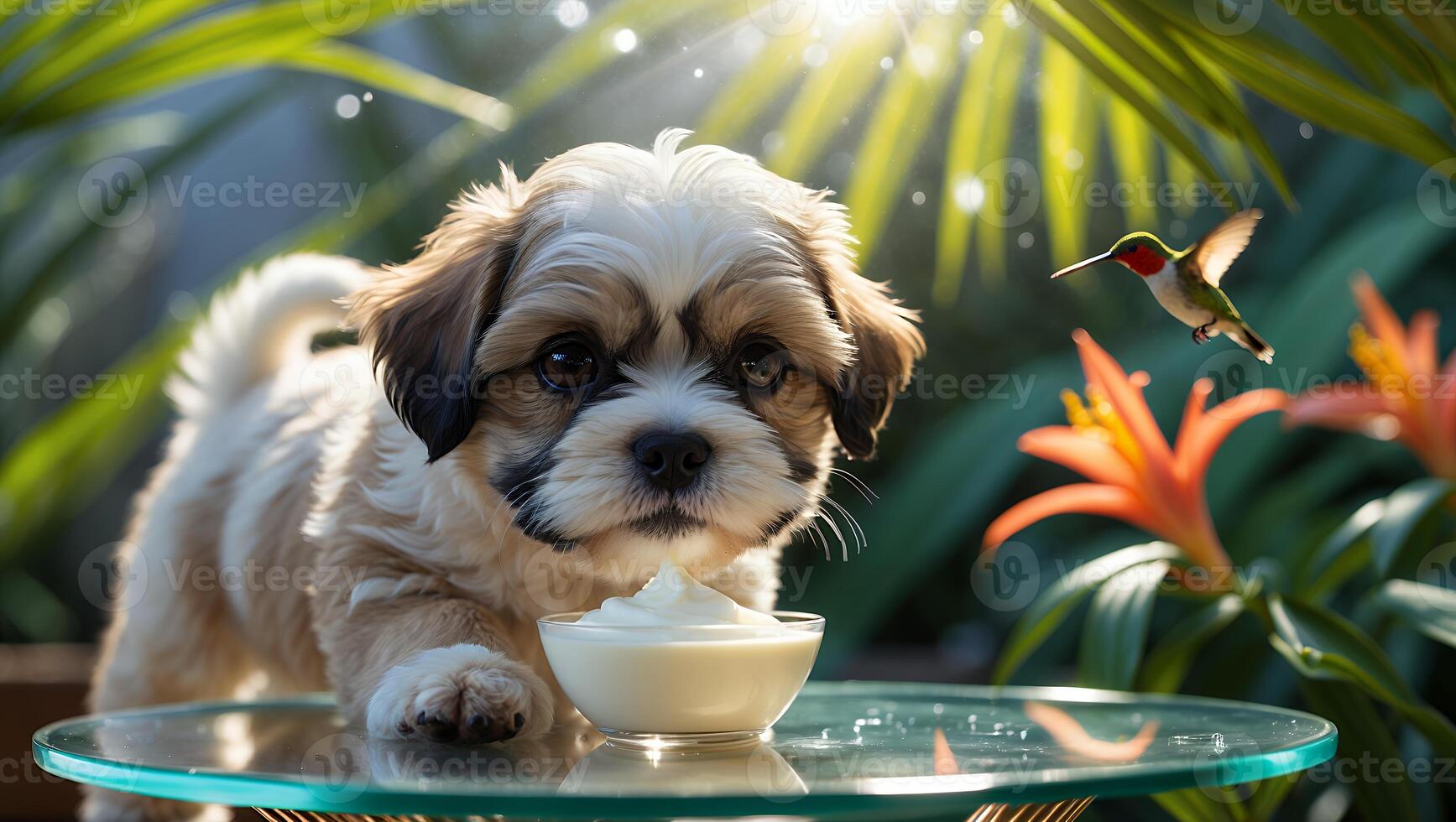 Small Puppy Approaches Bowl of Cream with Hummingbird Flying Nearby photo