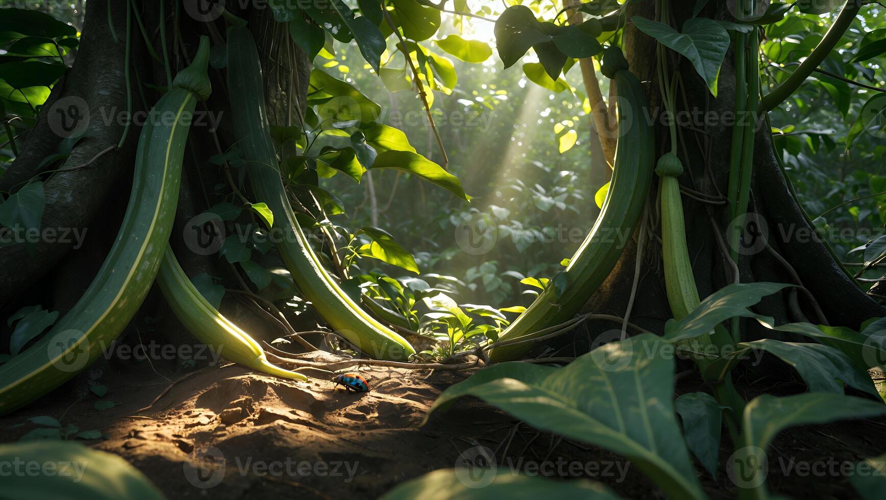 Sunlight Streams Through Tropical Forest with Vines and Small Insect photo
