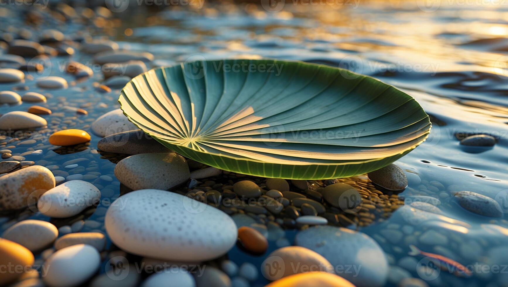Large Green Leaf Floating Gently Among Pebbles in Shallow Water photo