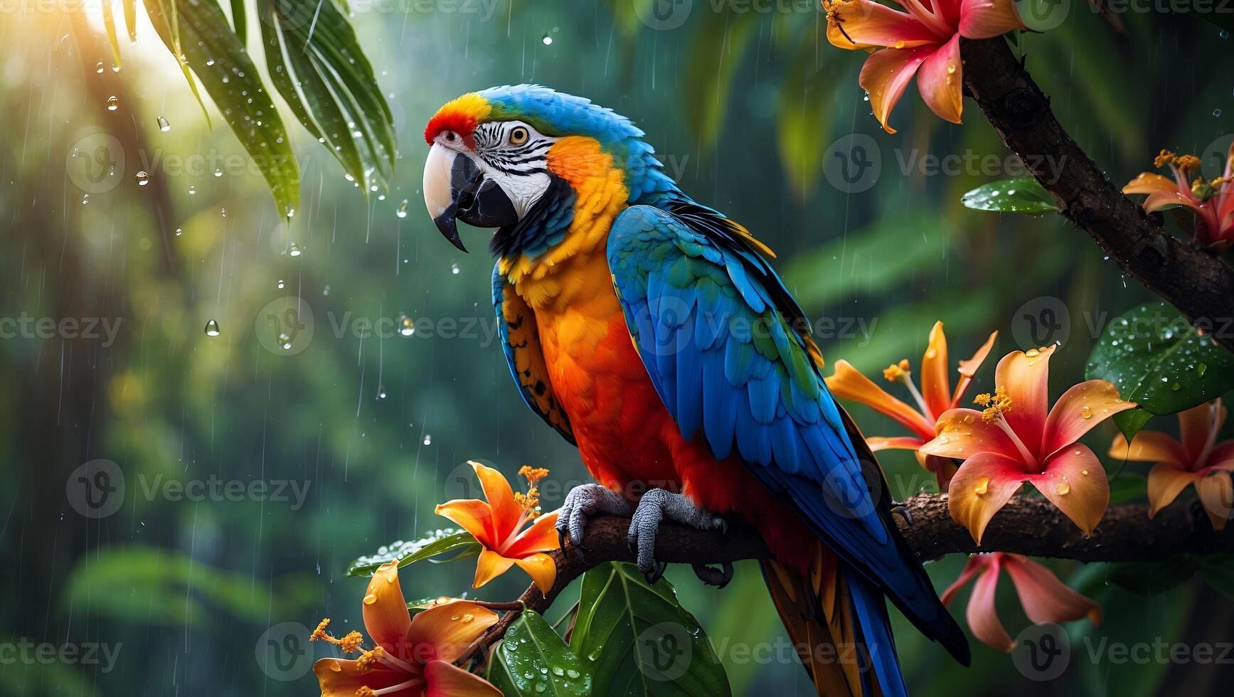 Colorful Parrot Resting on Branch with Flowers During Rainfall photo