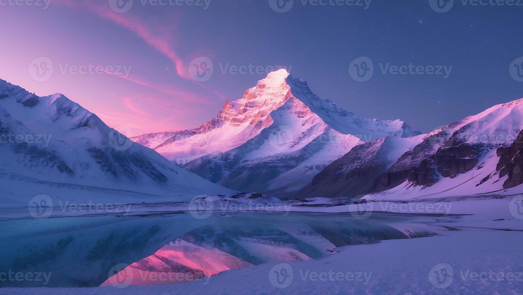 Snowy Mountain Peaks Reflected in Lake at Twilight Landscape Scenery photo
