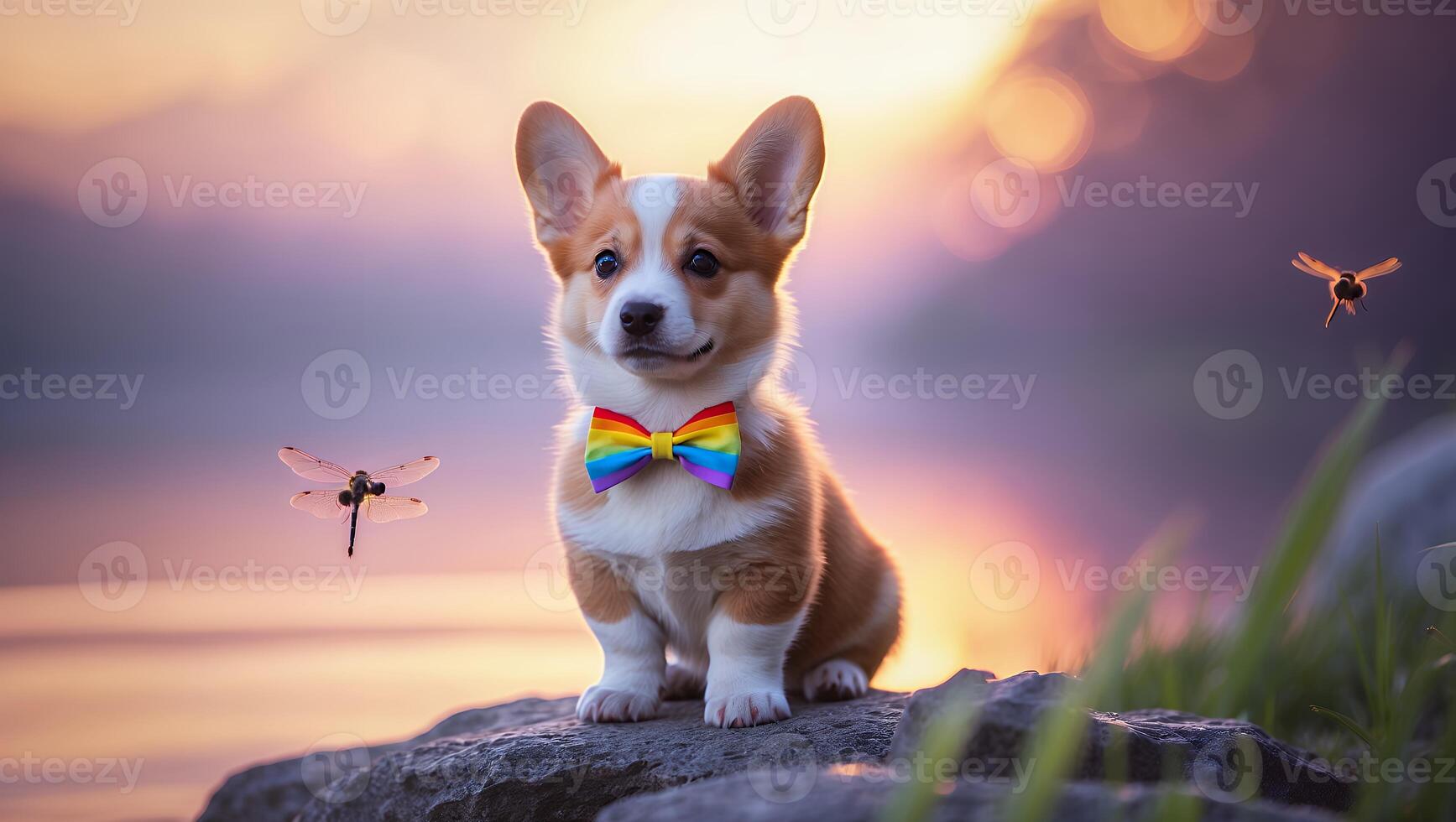 Sitting Puppy with Bow Tie Enjoys Sunset with Dragonfly and Bee photo