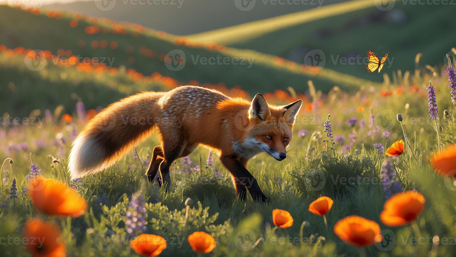 Fox Walking Through Flower Meadow with Butterfly in Peaceful Setting photo