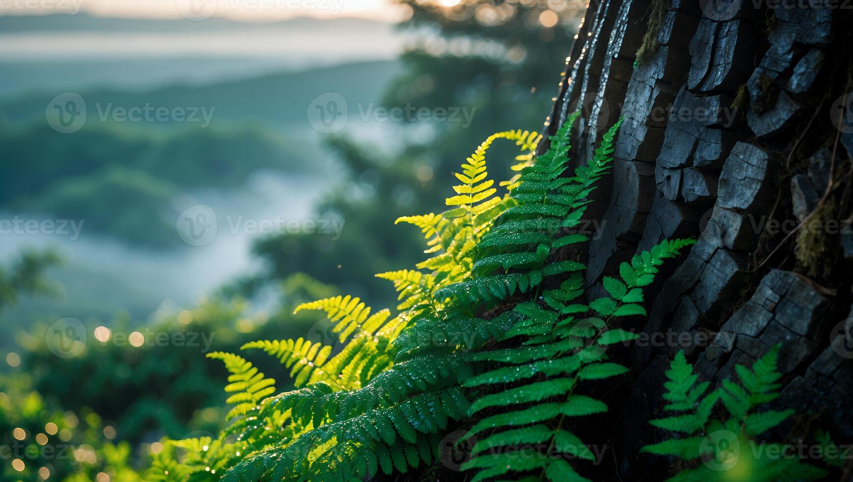 Fern Growing on Tree Trunk with Forest Mist Background Scene photo