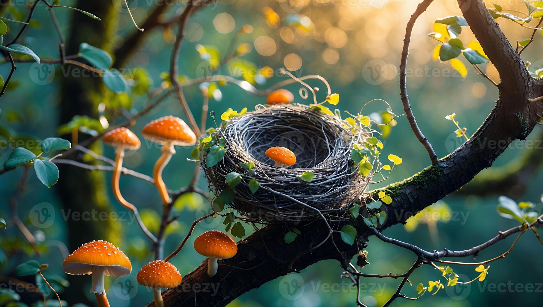 Mushrooms and Nest in Tree Branch with Dreamy Forest Background photo