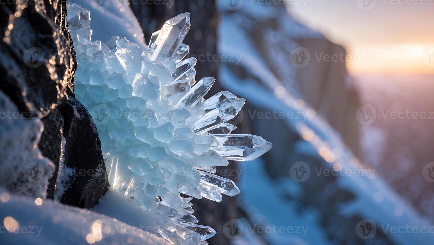Ice Crystal Formation on Snowy Rock Ledge at Golden Sunset Hour photo
