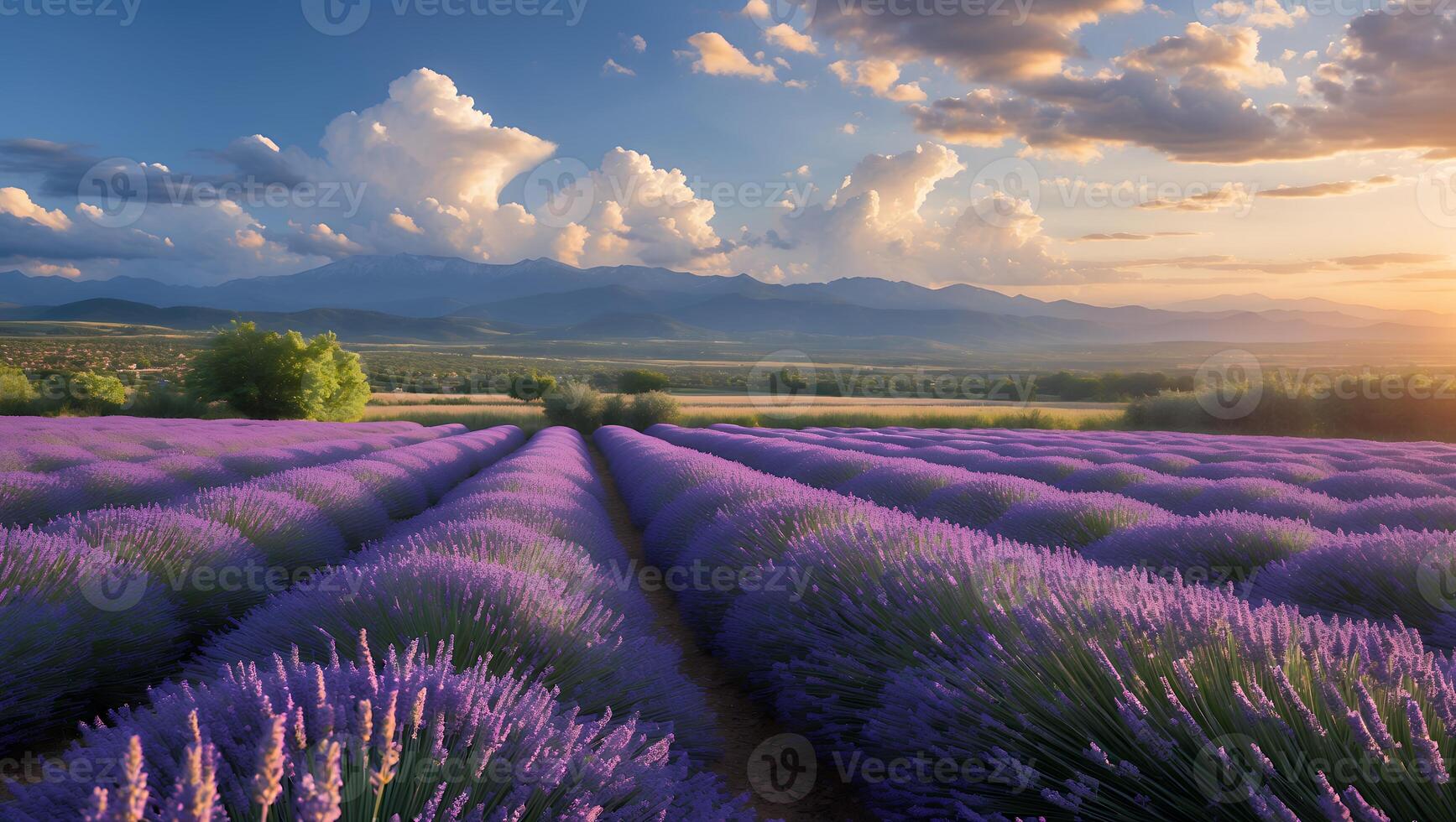 Lavender Field Blooming with Mountains and Cloudy Sky at Sunset photo