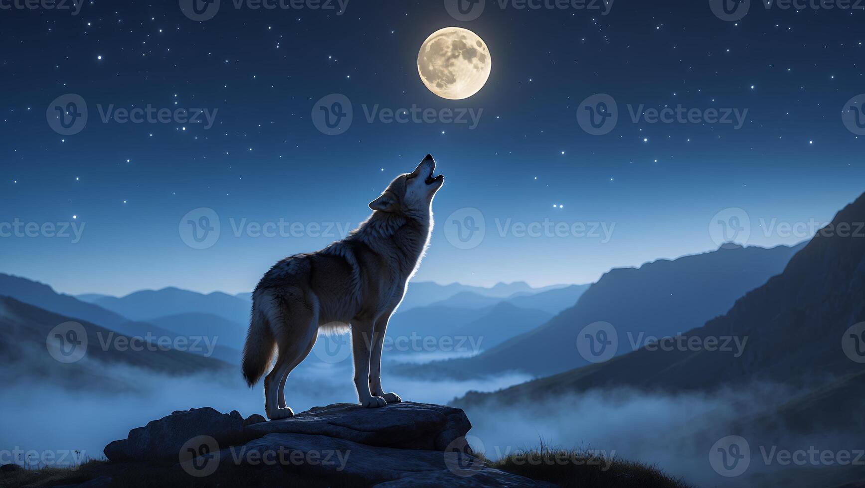 Howling Wolf Standing on Rock Under Full Moon at Night photo
