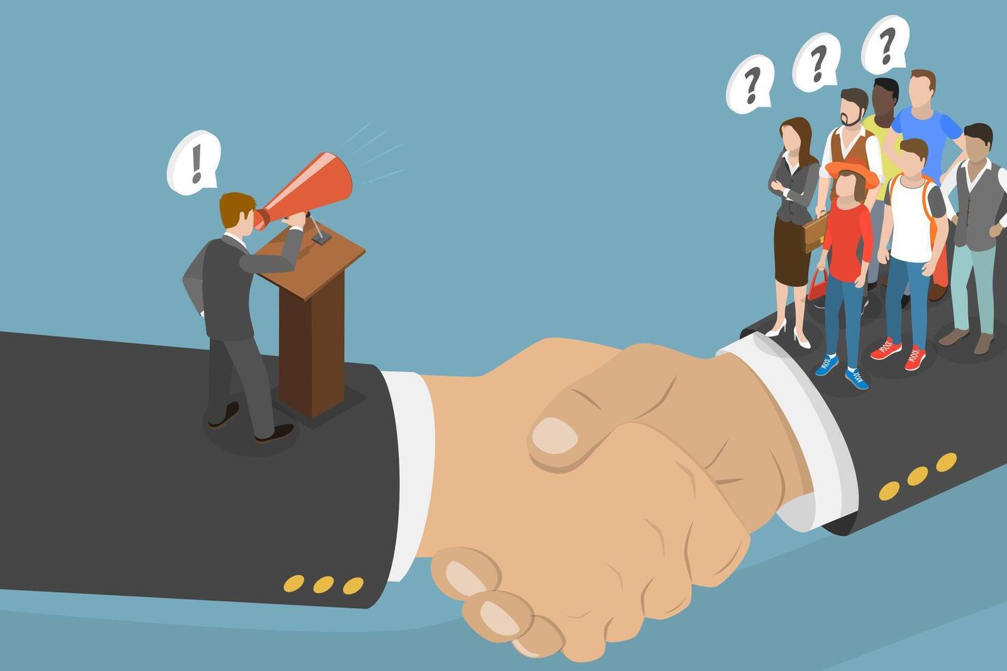 Business handshake with speaker and audience vector