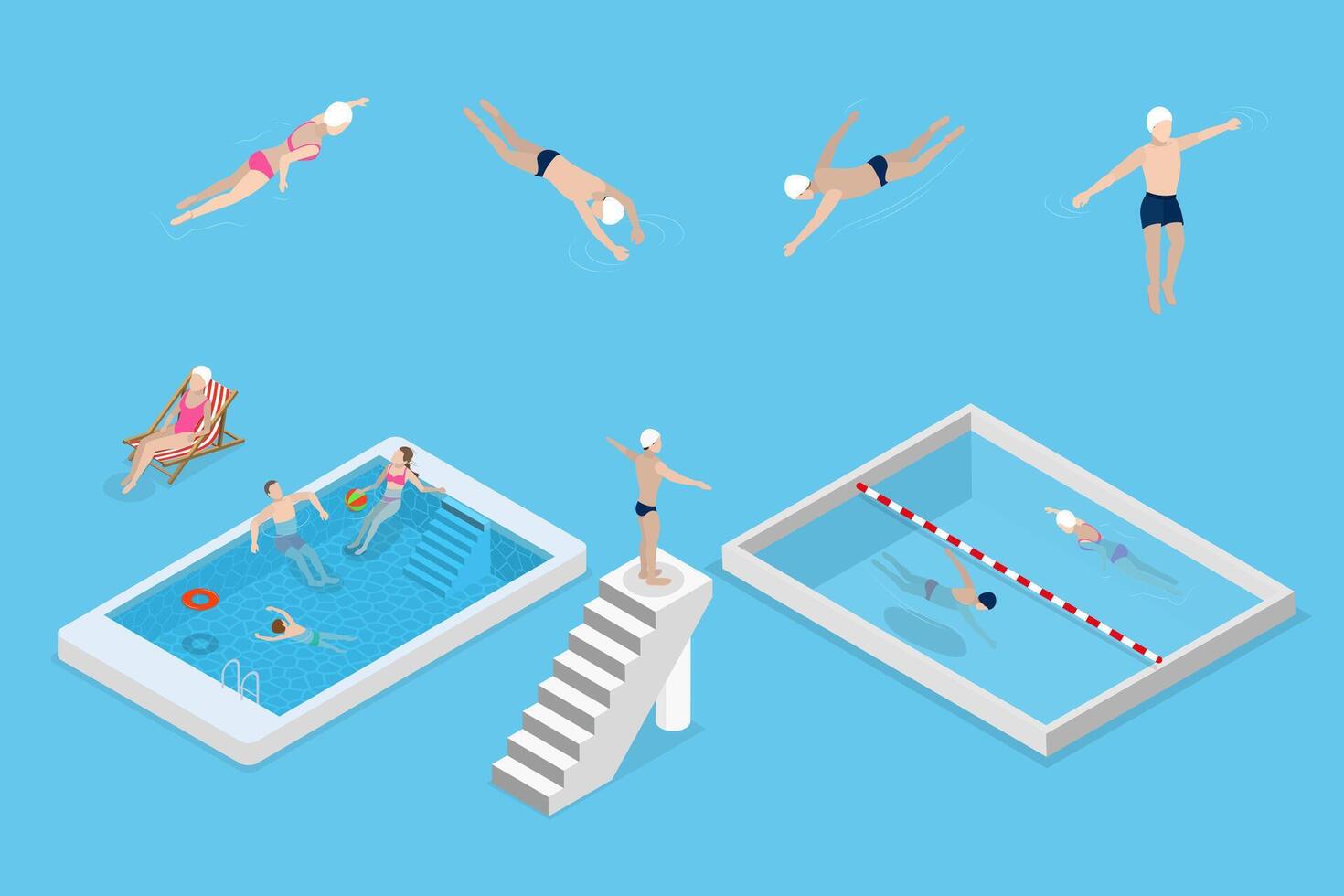 People enjoying various swimming pool activities vector