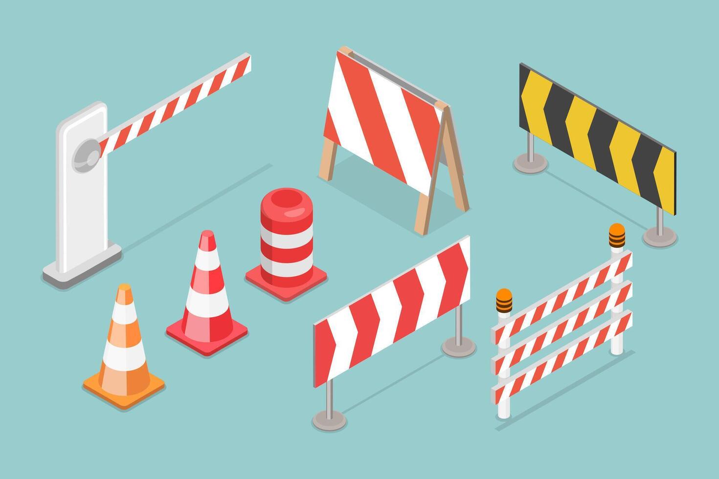 3D Isometric Flat Set of Traffic Road Barriers , Roadblocks and Barricades vector