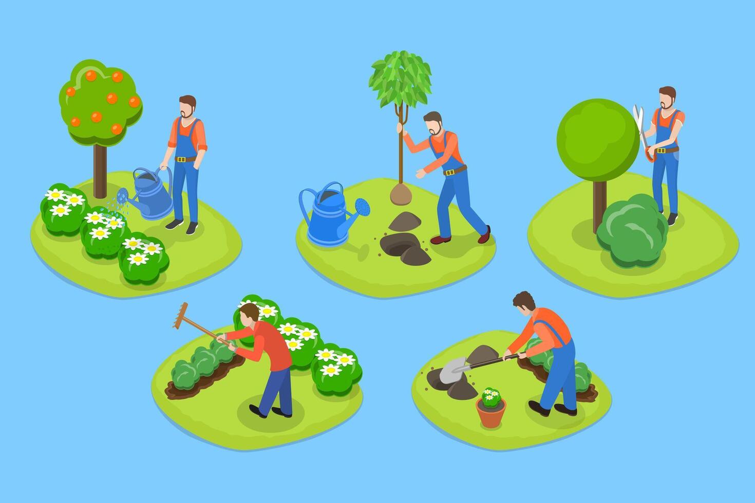 3D Isometric Flat Conceptual Illustration of Garden Landscape Worker, Backyard Landscaping vector