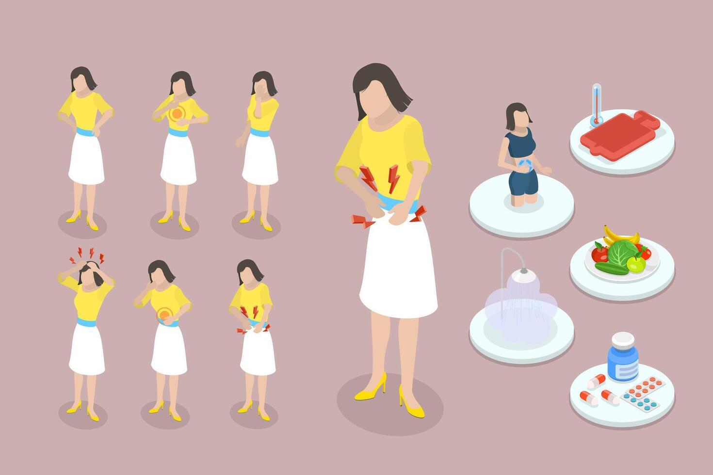 3D Isometric Flat Conceptual Illustration of Menstrual Pain, PMS Symptom vector